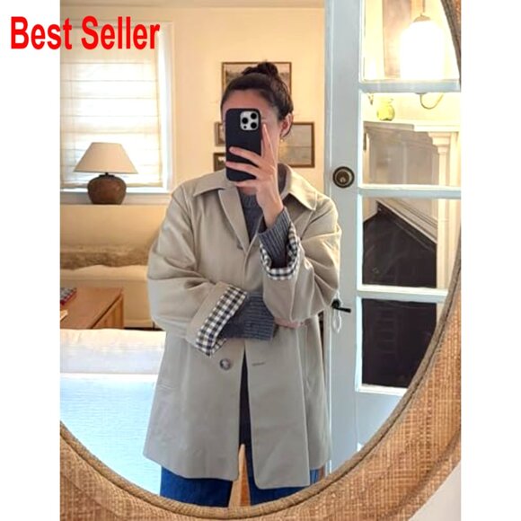 Oversized Trench Coat Classic Chic Button Up Jacket Plaid Lined Outerwear - Picture 4 of 7